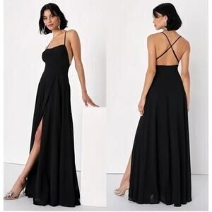 Lulu’s Dreamy Romance Black Backless Chiffon Maxi Dress Size S Wedding Guest